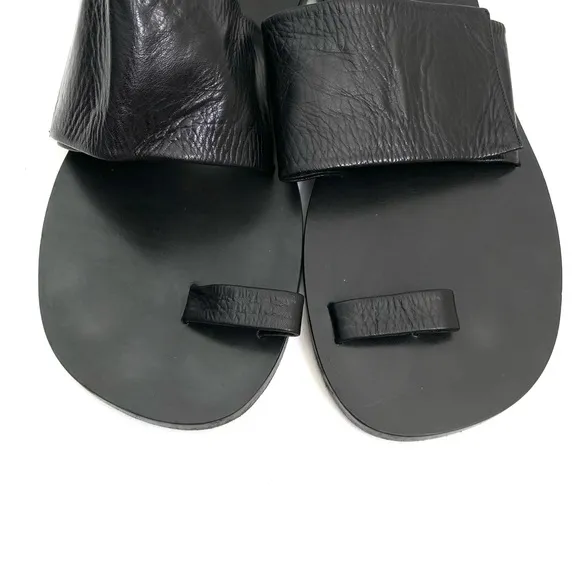 JIL SANDER Black Toe Ring Sandals 10 Flat Slip On Calf Leather