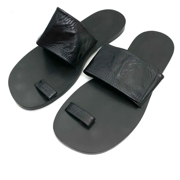 JIL SANDER Black Toe Ring Sandals 10 Flat Slip On Calf Leather