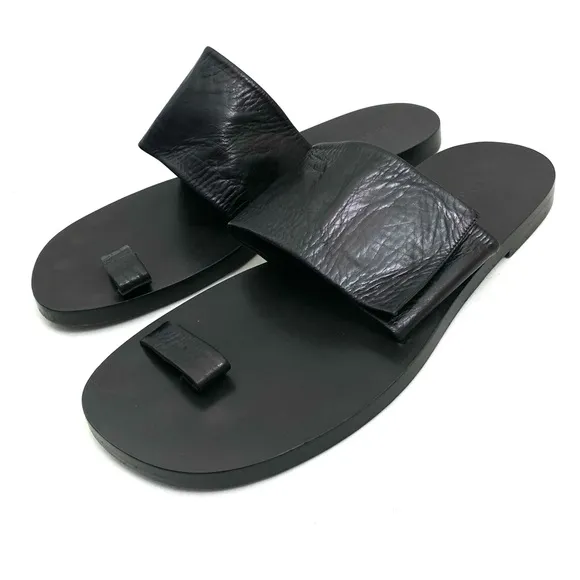 JIL SANDER Black Toe Ring Sandals 10 Flat Slip On Calf Leather