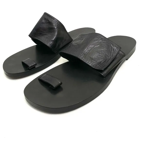 JIL SANDER Black Toe Ring Sandals 10 Flat Slip On Calf Leather