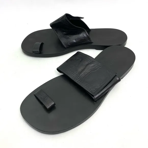 JIL SANDER Black Toe Ring Sandals 10 Flat Slip On Calf Leather