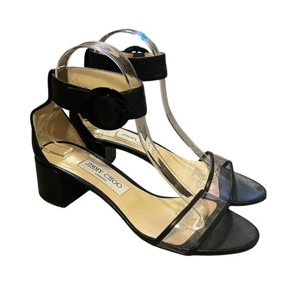 Jimmy Choo 7 Jaimie Leather Sandals Transparent PVC Strap Low Block Heels Black
