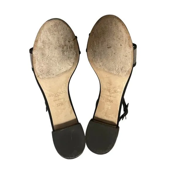 Jimmy Choo 7 Jaimie Leather Sandals Transparent PVC Strap Low Block Heels Black