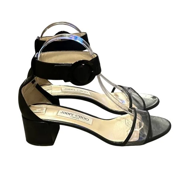 Jimmy Choo 7 Jaimie Leather Sandals Transparent PVC Strap Low Block Heels Black
