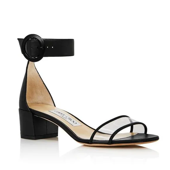 Jimmy Choo 7 Jaimie Leather Sandals Transparent PVC Strap Low Block Heels Black