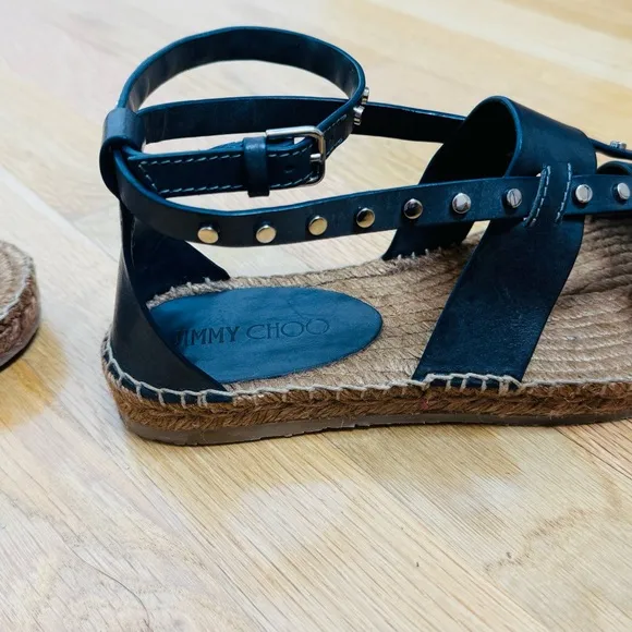 Jimmy Choo Leather Sandals EspadrillesDenise Flat Studded Sling-backs Shoe 38.5