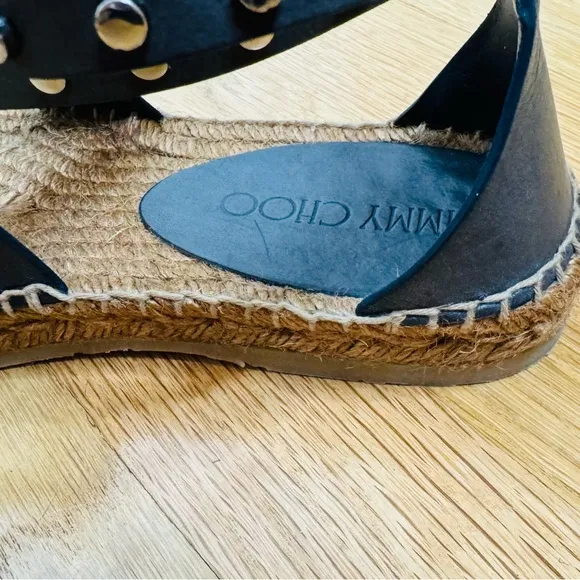 Jimmy Choo Leather Sandals EspadrillesDenise Flat Studded Sling-backs Shoe 38.5