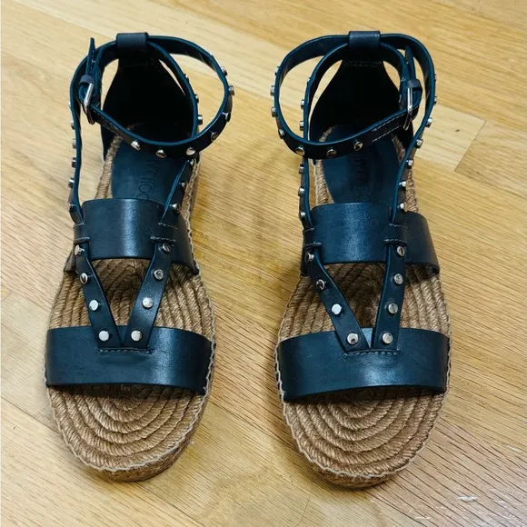 Jimmy Choo Leather Sandals EspadrillesDenise Flat Studded Sling-backs Shoe 38.5