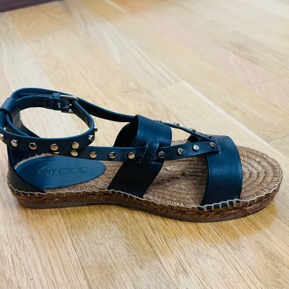 Jimmy Choo Leather Sandals EspadrillesDenise Flat Studded Sling-backs Shoe 38.5