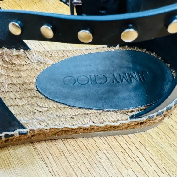 Jimmy Choo Leather Sandals EspadrillesDenise Flat Studded Sling-backs Shoe 38.5