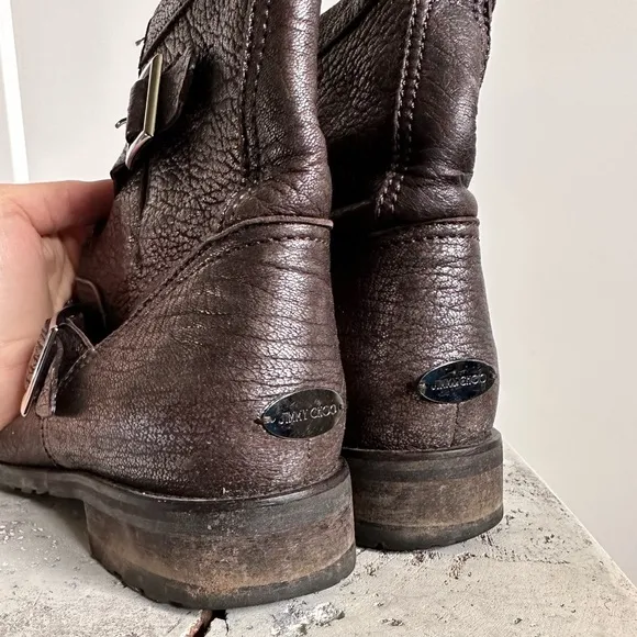 Jimmy Choo metallic brown leather moto biker boots buckled 39.5
