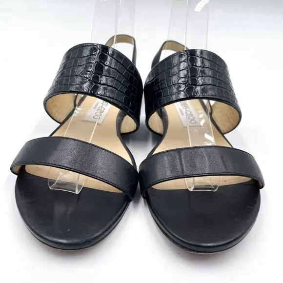 Jimmy Choo Seia Slingback Sandals Black Strappy Flat Croc Leather Sz 37 / 7