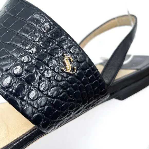 Jimmy Choo Seia Slingback Sandals Black Strappy Flat Croc Leather Sz 37 / 7