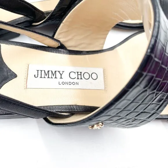 Jimmy Choo Seia Slingback Sandals Black Strappy Flat Croc Leather Sz 37 / 7