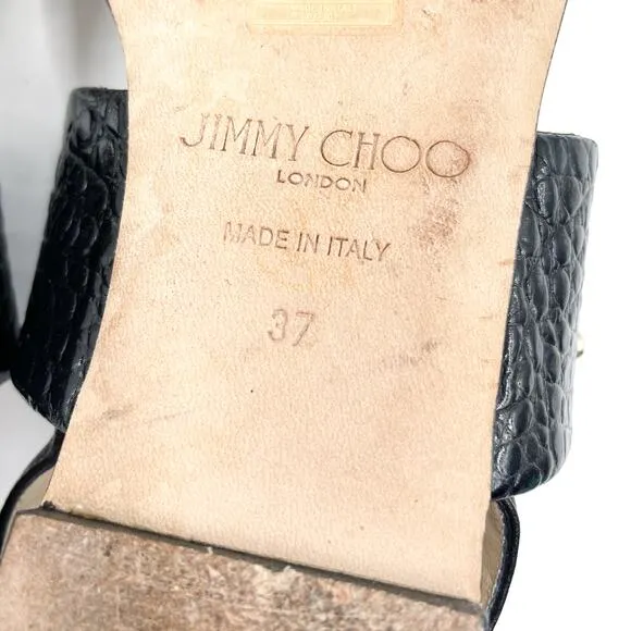 Jimmy Choo Seia Slingback Sandals Black Strappy Flat Croc Leather Sz 37 / 7