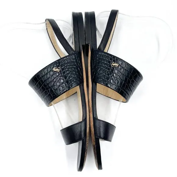 Jimmy Choo Seia Slingback Sandals Black Strappy Flat Croc Leather Sz 37 / 7