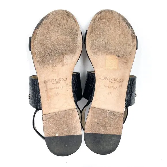 Jimmy Choo Seia Slingback Sandals Black Strappy Flat Croc Leather Sz 37 / 7