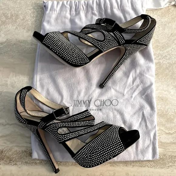 Jimmy Choo Virtue Black Suede Silver Micro Stud Heels