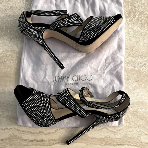 Jimmy Choo Virtue Black Suede Silver Micro Stud Heels