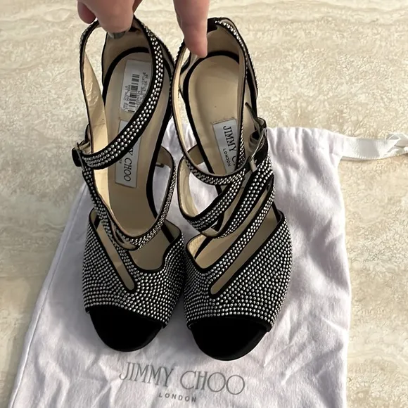 Jimmy Choo Virtue Black Suede Silver Micro Stud Heels