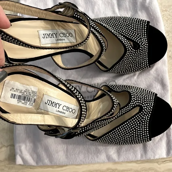 Jimmy Choo Virtue Black Suede Silver Micro Stud Heels