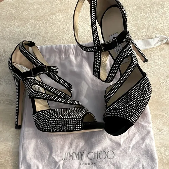 Jimmy Choo Virtue Black Suede Silver Micro Stud Heels