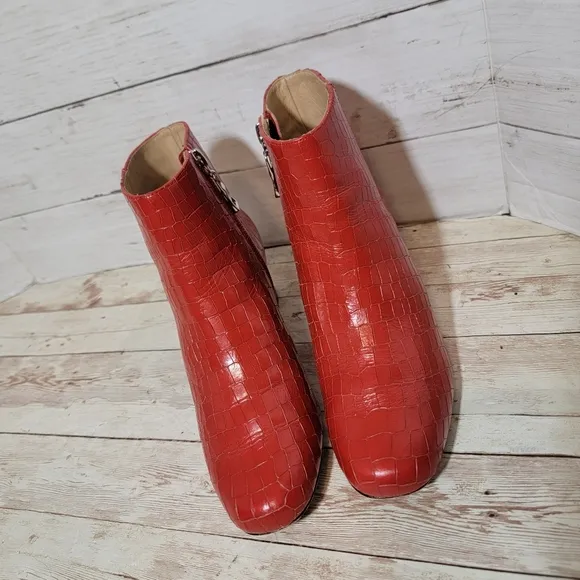 Joan Olaff Red Croc Leather Ankle Boots Women's Size 6