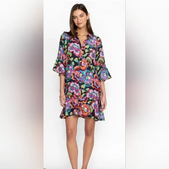 Johnny Was Calanthe Tiered Flounce Silk Mini Dress M Medium