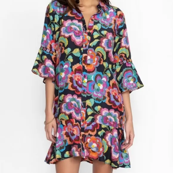 Johnny Was Calanthe Tiered Flounce Silk Mini Dress M Medium