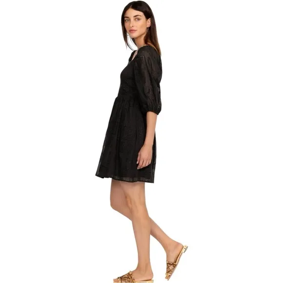 Johnny Was Ella Black Embroidered Cotton and Silk Square Neck Mini Dress, size L