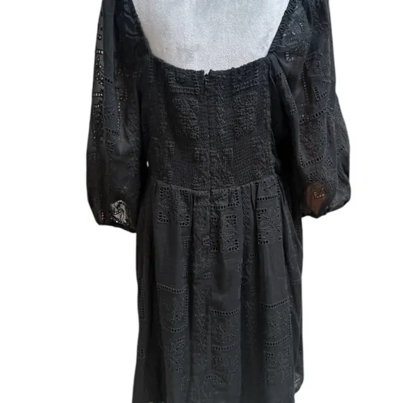 Johnny Was Ella Black Embroidered Cotton and Silk Square Neck Mini Dress, size L