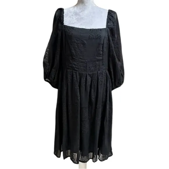 Johnny Was Ella Black Embroidered Cotton and Silk Square Neck Mini Dress, size L