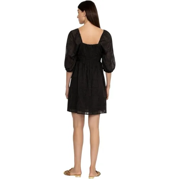 Johnny Was Ella Black Embroidered Cotton and Silk Square Neck Mini Dress, size L