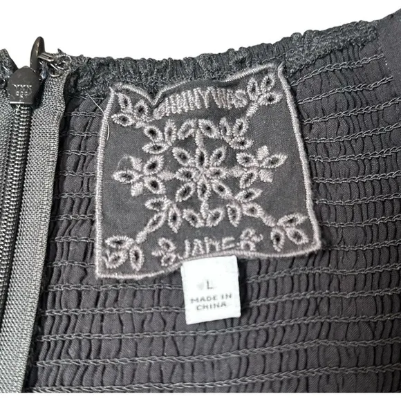Johnny Was Ella Black Embroidered Cotton and Silk Square Neck Mini Dress, size L