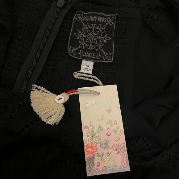 Johnny Was Ella Mini Dress Embroidered Black Lace Cotton Silk Blend LBD Size XS