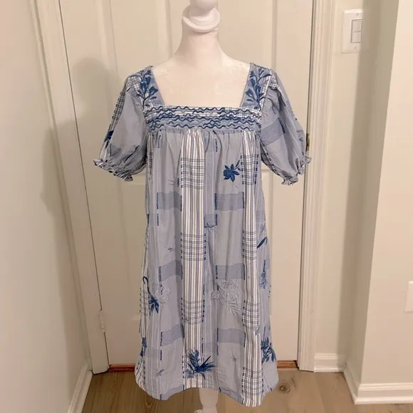 Johnny Was Marbella Square Neck Park Patchwork Flroal Embroidered Dress Size XS