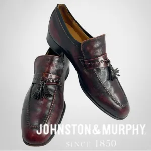 JOHNSTON &amp; MURPHY Mens Cherry Black Leather Tassel Loafers Slip On