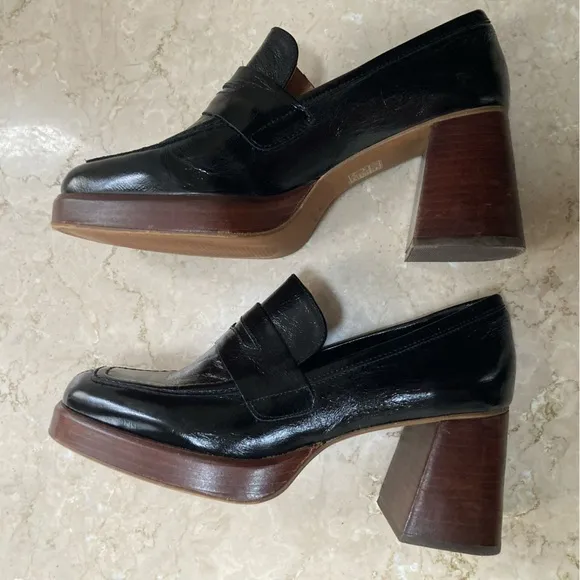 Jonak Paris Patent Leather Heeled Platfom Loafers in Black, Size EU 40