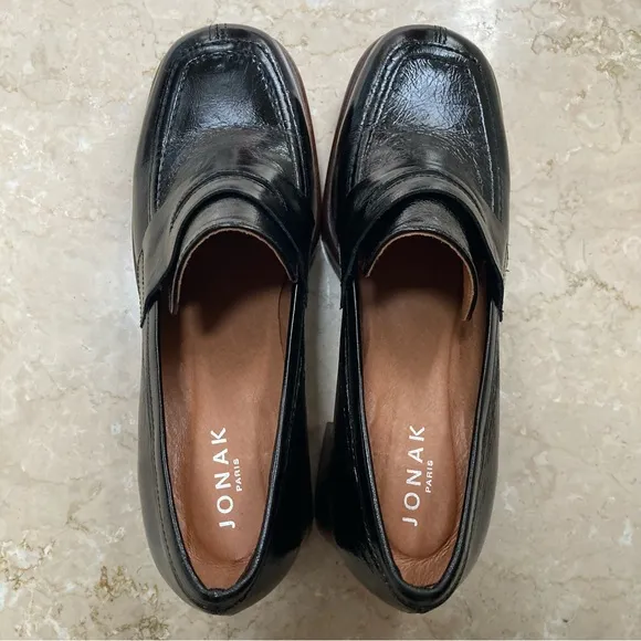 Jonak Paris Patent Leather Heeled Platfom Loafers in Black, Size EU 40