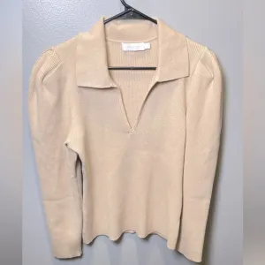 Jonathan Simkhai The Kit Eco-Knit‎ Collar Puff Sleeve Polo Sweater Dune Size L