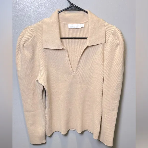 Jonathan Simkhai The Kit Eco-Knit Collar Puff Sleeve Polo Sweater Dune‎ Size L