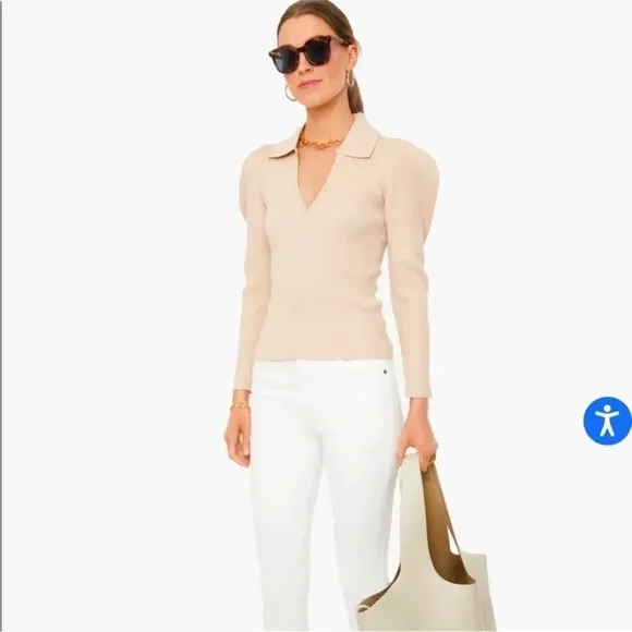 Jonathan Simkhai The Kit Eco-Knit Collar Puff Sleeve Pullover Polo Sweater Dune