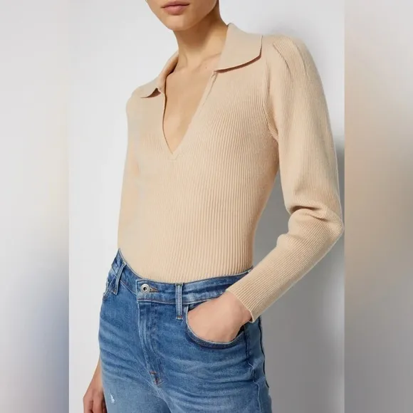Jonathan Simkhai The Kit Eco-Knit Collar Puff Sleeve Pullover Polo Sweater Dune