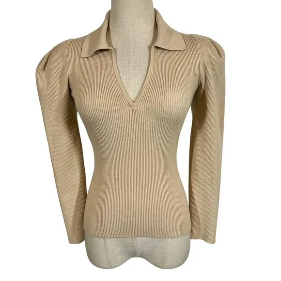 Jonathan Simkhai The Kit Eco-Knit Collar Puff Sleeve Pullover Polo Sweater Dune