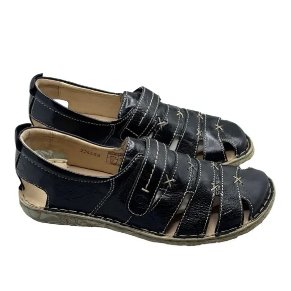 Josef Seibel Ida Black Sandals Loafers Womens Sz US 6.5 EU 37 Leather Fisherman