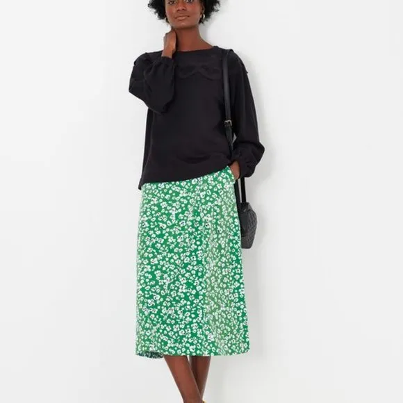 Joules Eden Green Leopard Print Jersey Midi Skirt 6 US New