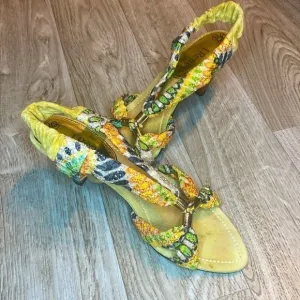 J.Renee &quot;Yolanda&quot; Fabric and Suede Wood Heel Green Women’s Sandals Size …