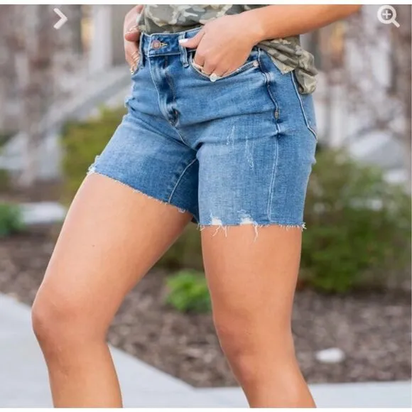 Judy Blue High Waist Distressed Cut Off Denim Shorts Blue Size S