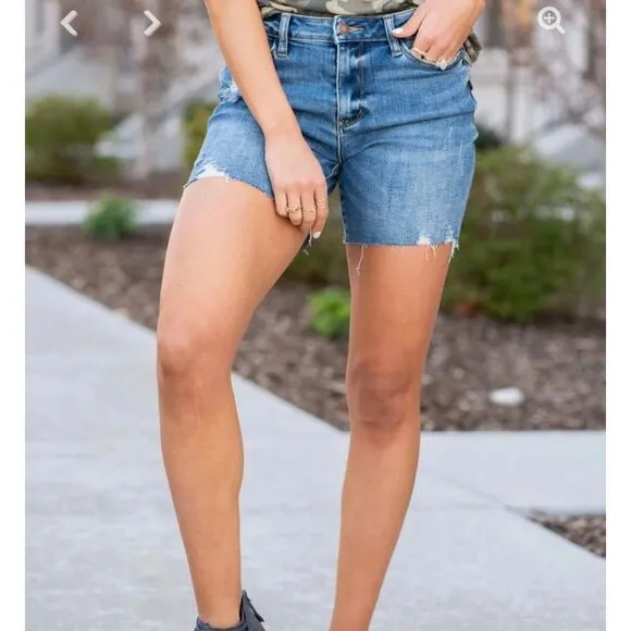 Judy Blue High Waist Distressed Cut Off Denim Shorts Blue Size S