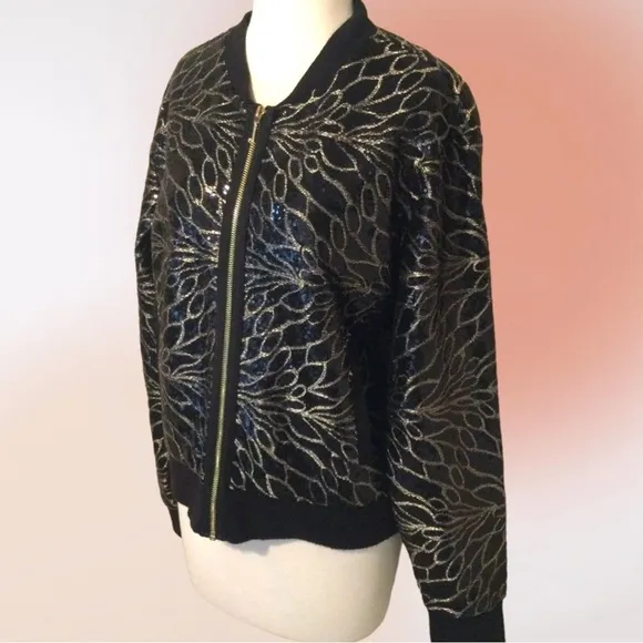 Juicy Couture Black Gold Sequin Zip Front Bomber Jacket Med